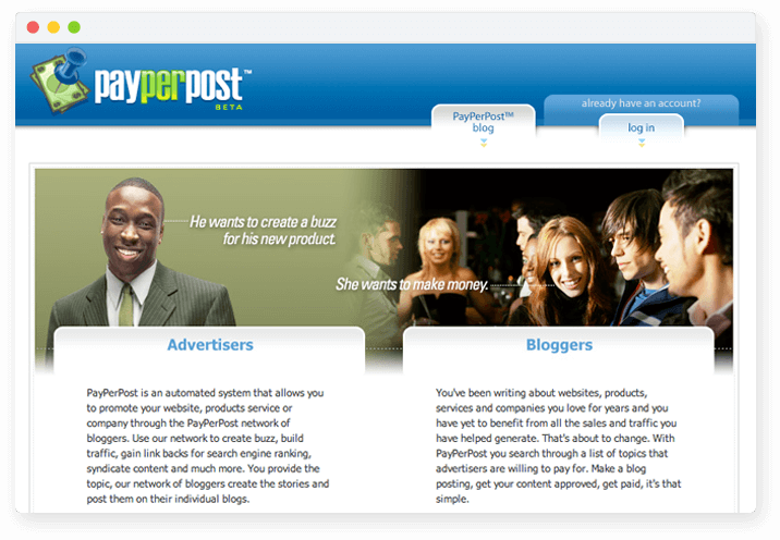 Screenshot of PayPerPost.com Beta, the Original Influencer Marketing Platform.