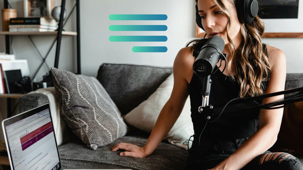Women with long curly hair does podcast