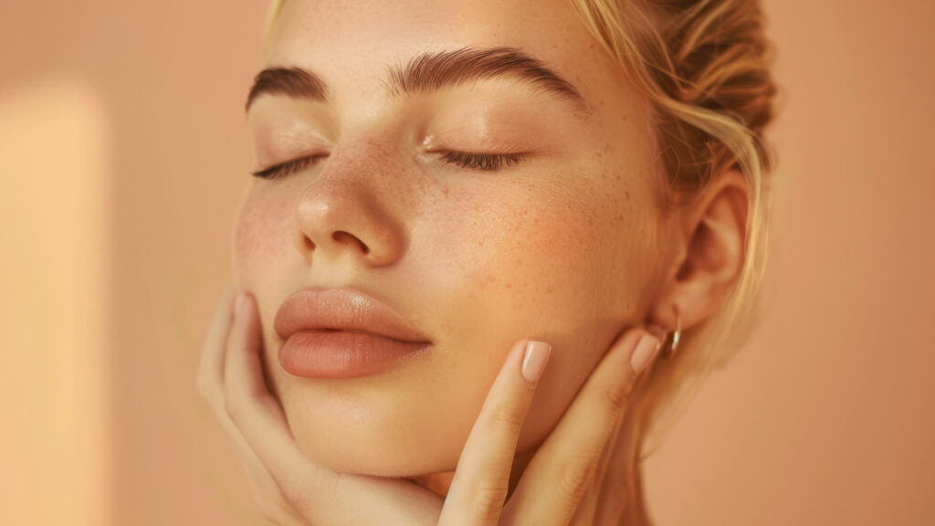 A beauty influencer with eyes closed and hands on her face