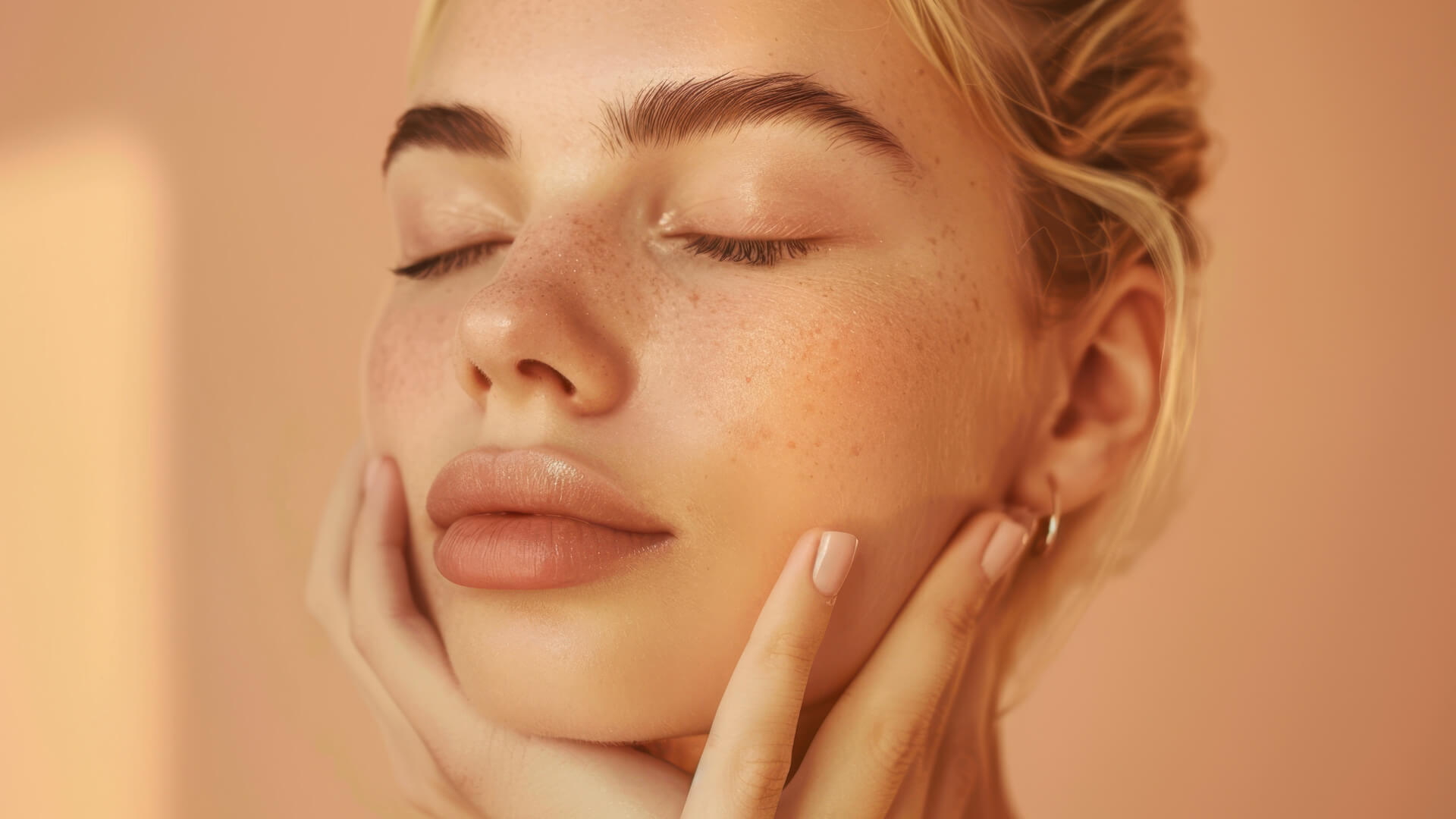 A beauty influencer with eyes closed and hands on her face